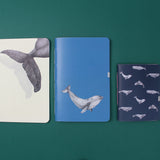 Set de papelería Cetáceos Marinos de Chile con planner y libretas ilustradas con ballena azul y ballena jorobada