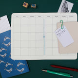 Set de papelería Cetáceos Marinos de Chile con planner y libretas ilustradas con ballena azul y ballena jorobada